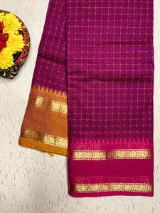 Chettinad Cotton Saree - Red Violet + Golden Grass