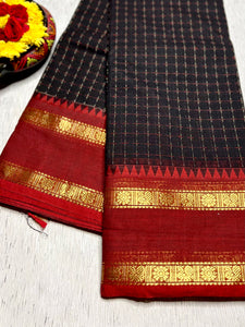 Chettinad Cotton Saree - Knight Black + Red