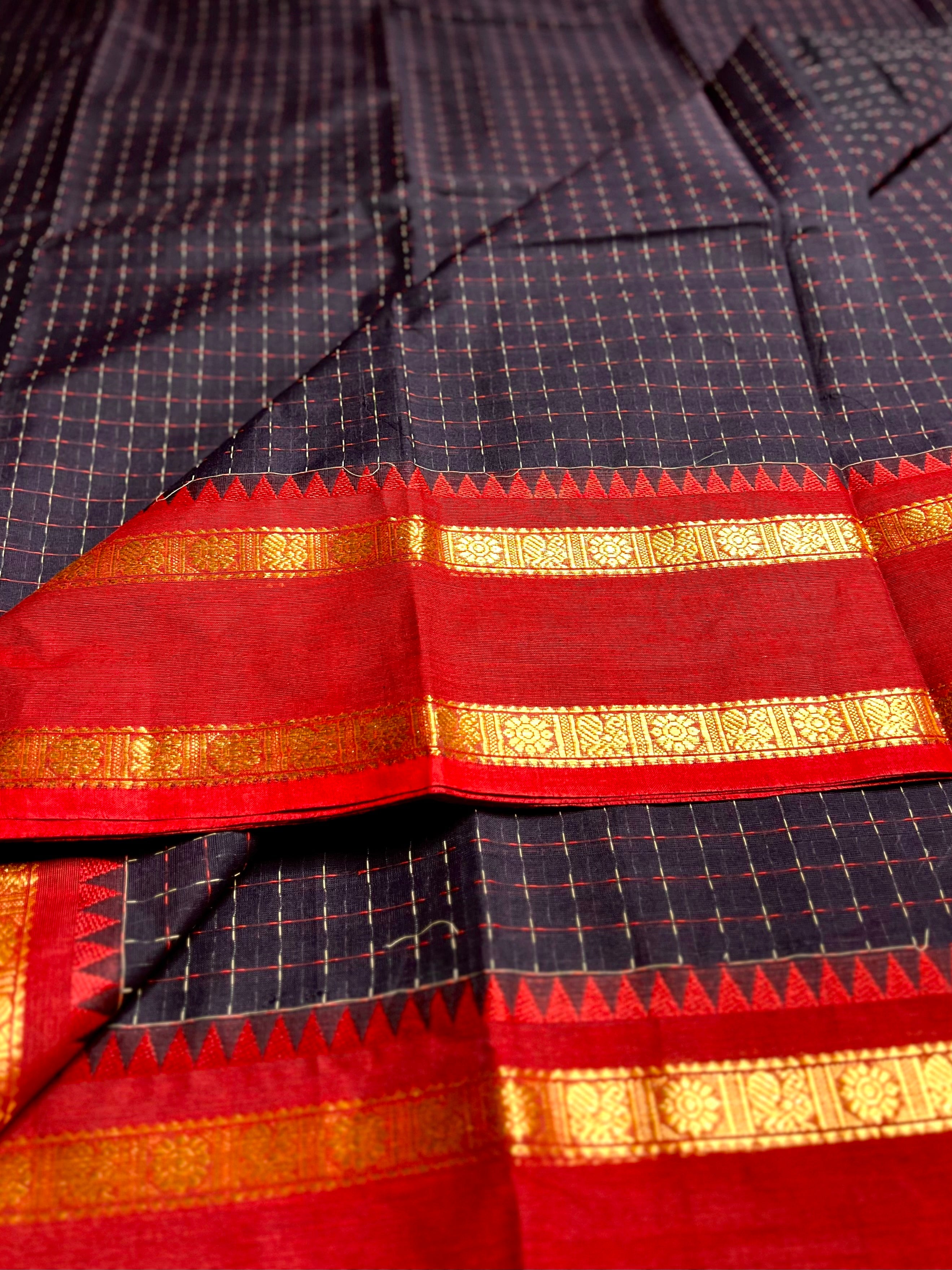 Chettinad Cotton Saree - Knight Black + Red