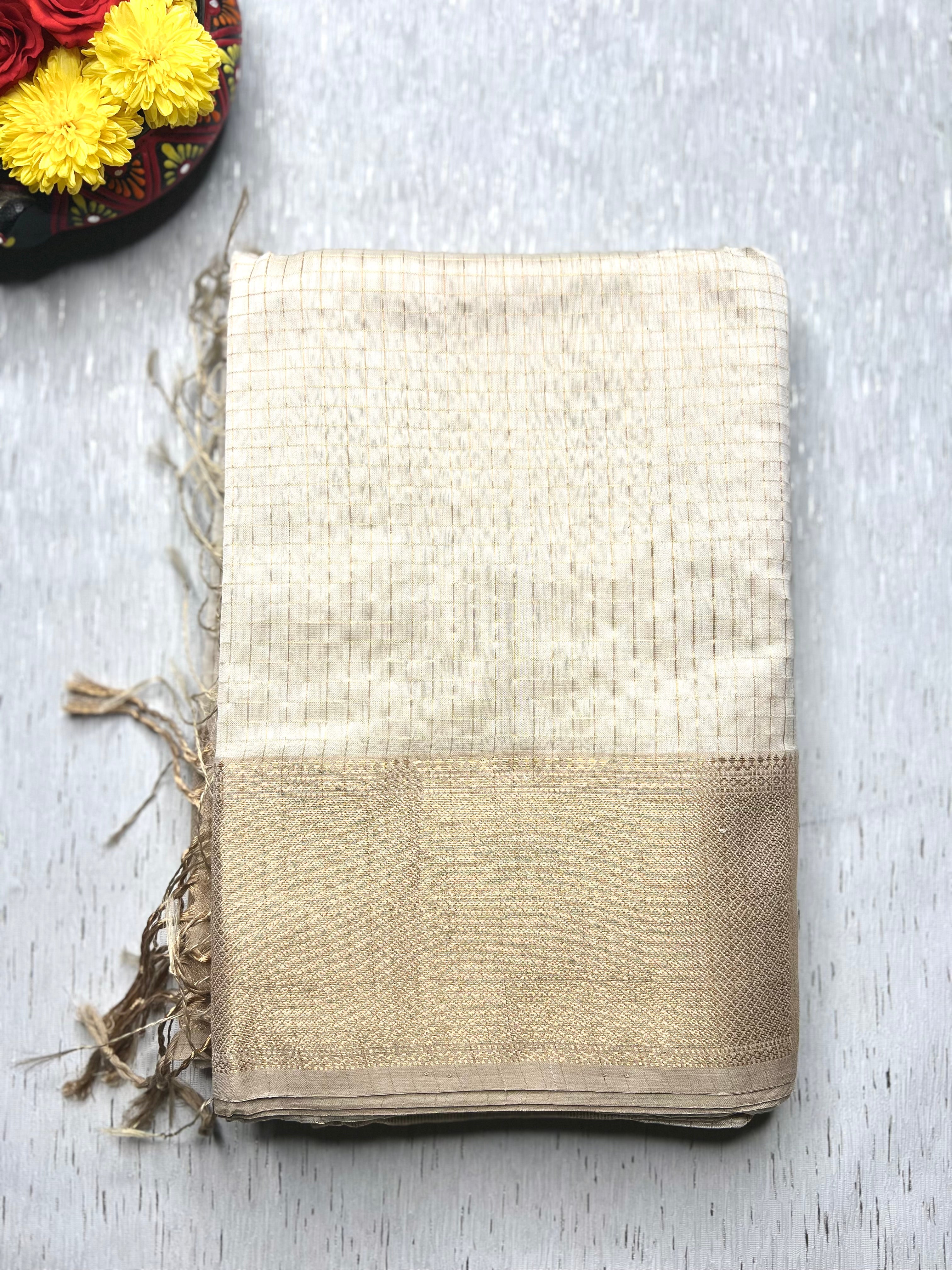 Handwoven Silk Cotton Saree - Soft Cream + Gold