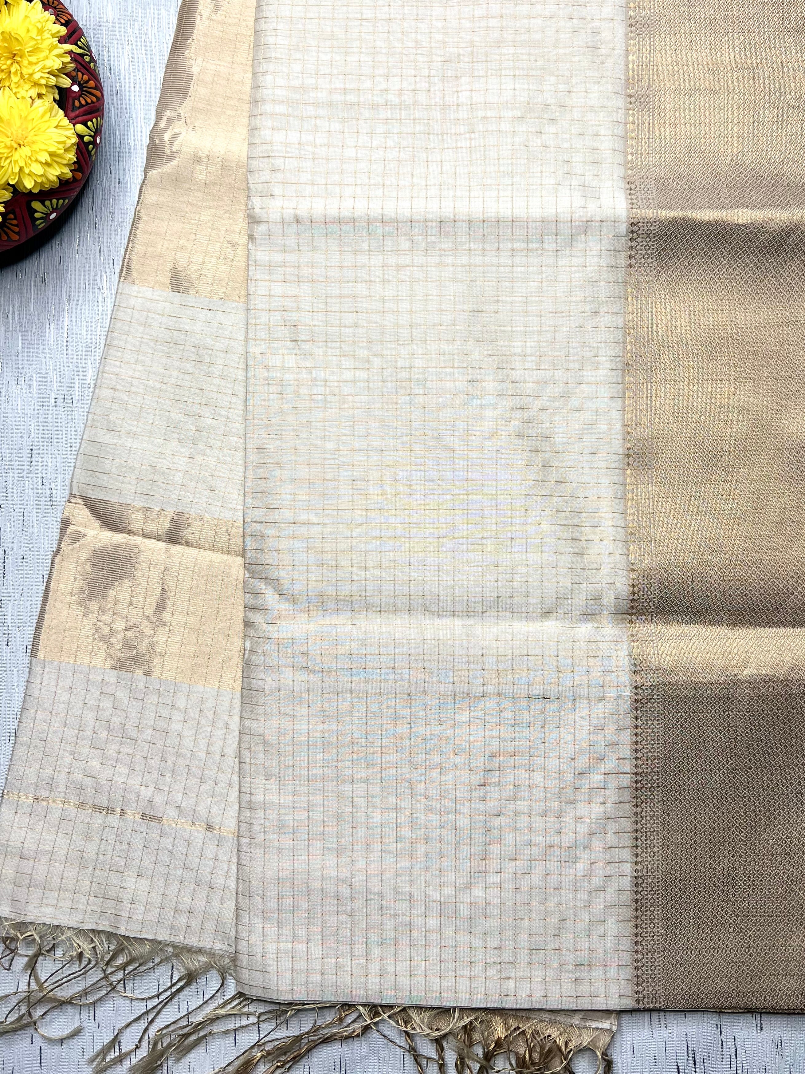 Handwoven Silk Cotton Saree - Soft Cream + Gold