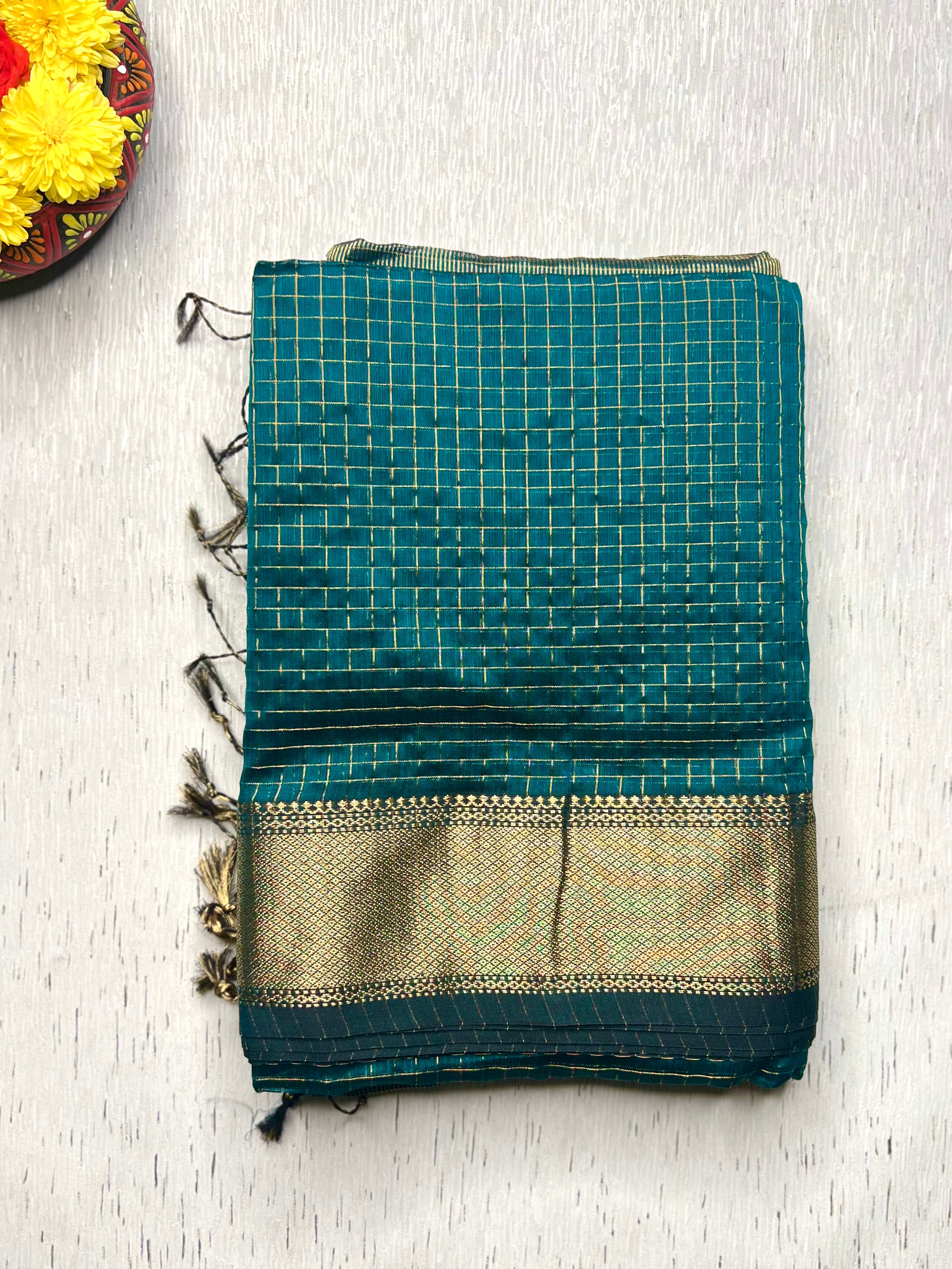 Handwoven Silk Cotton Saree - Deep Sea Green + Gold