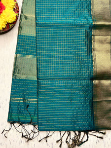 Handwoven Silk Cotton Saree - Deep Sea Green + Gold