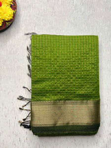 Handwoven Silk Cotton Saree - Bright Mehendi Green + Gold