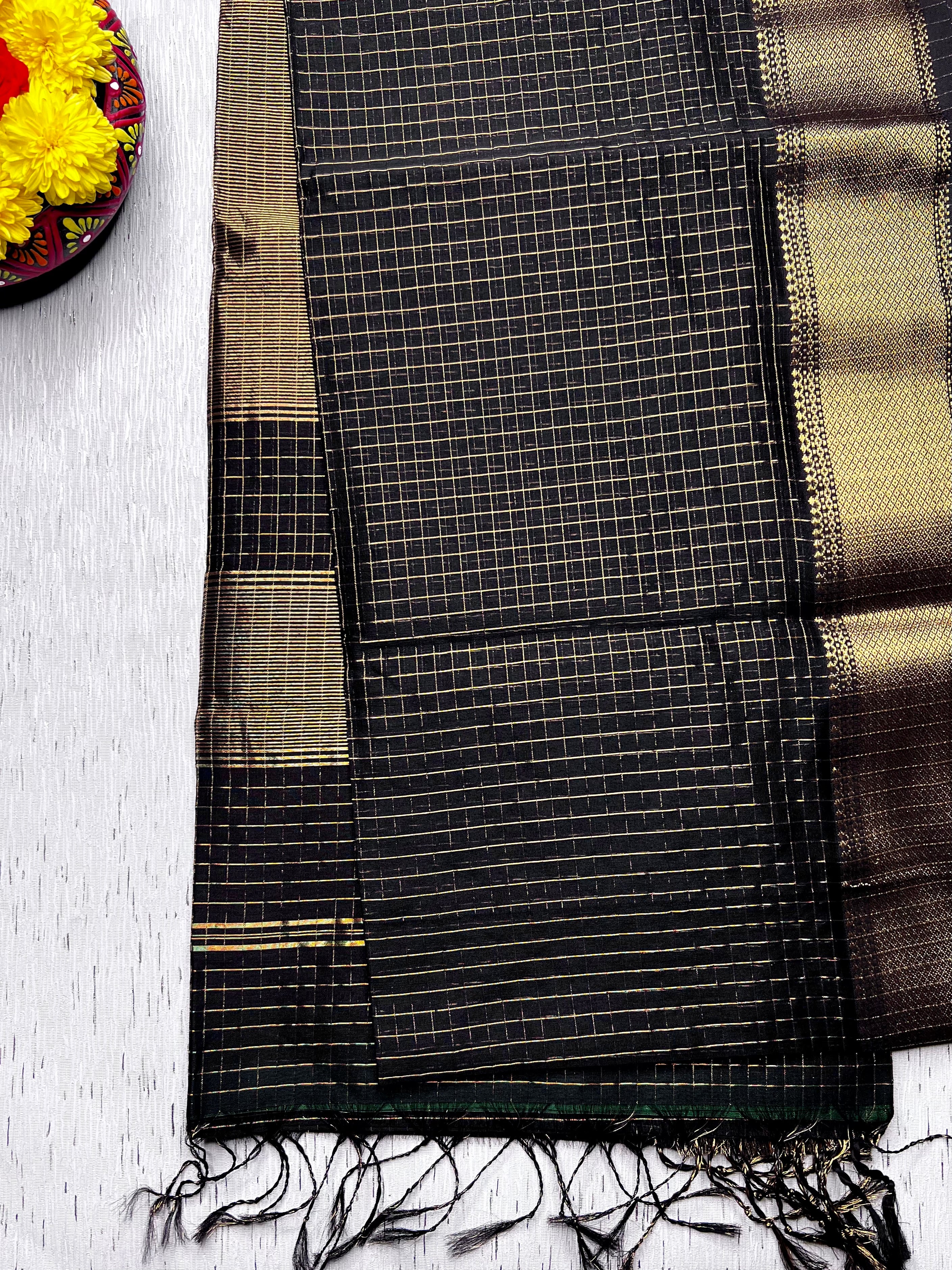 Handwoven Silk Cotton Saree - Baltic Black + Gold