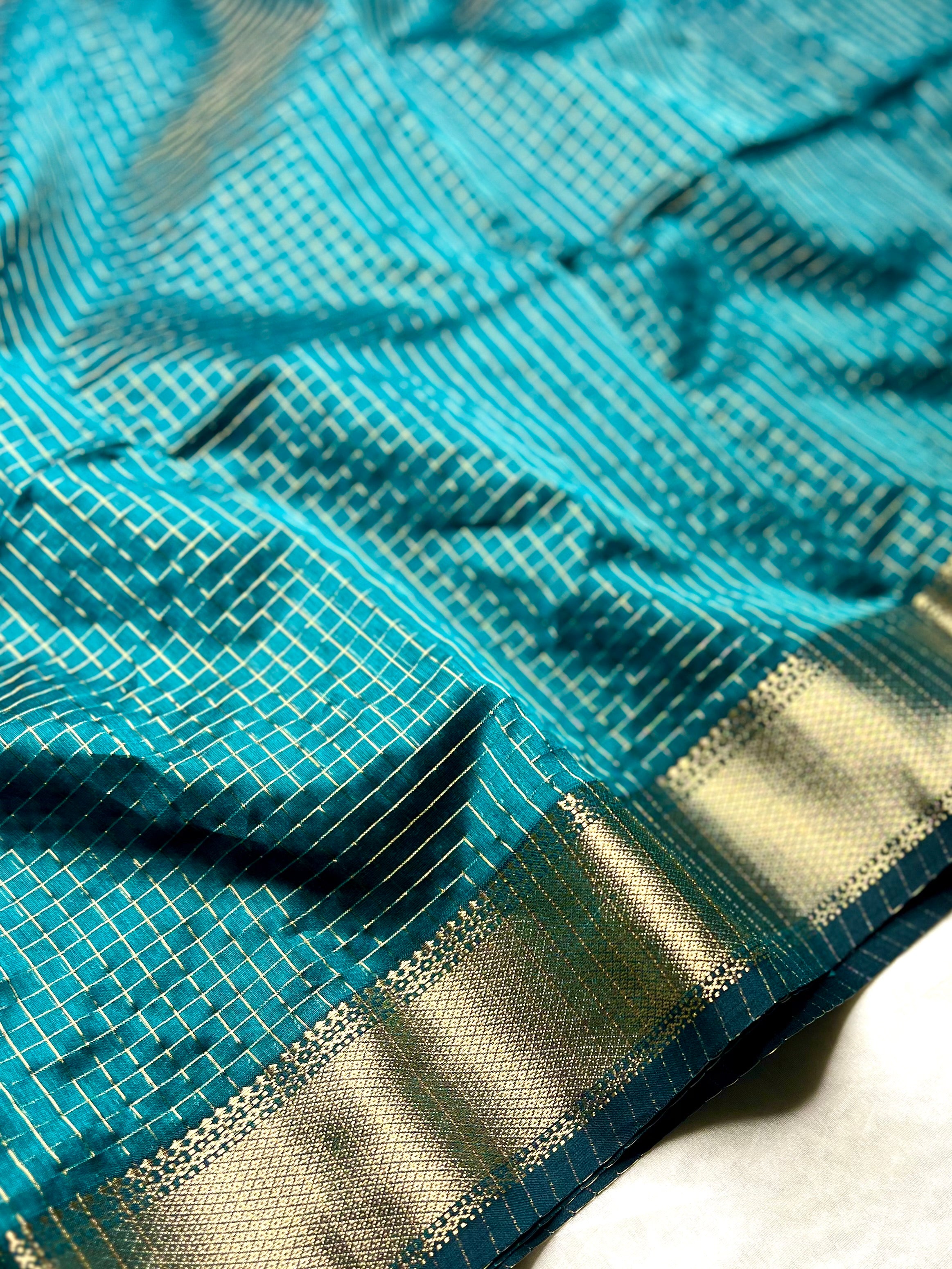 Handwoven Silk Cotton Saree - Deep Sea Green + Gold