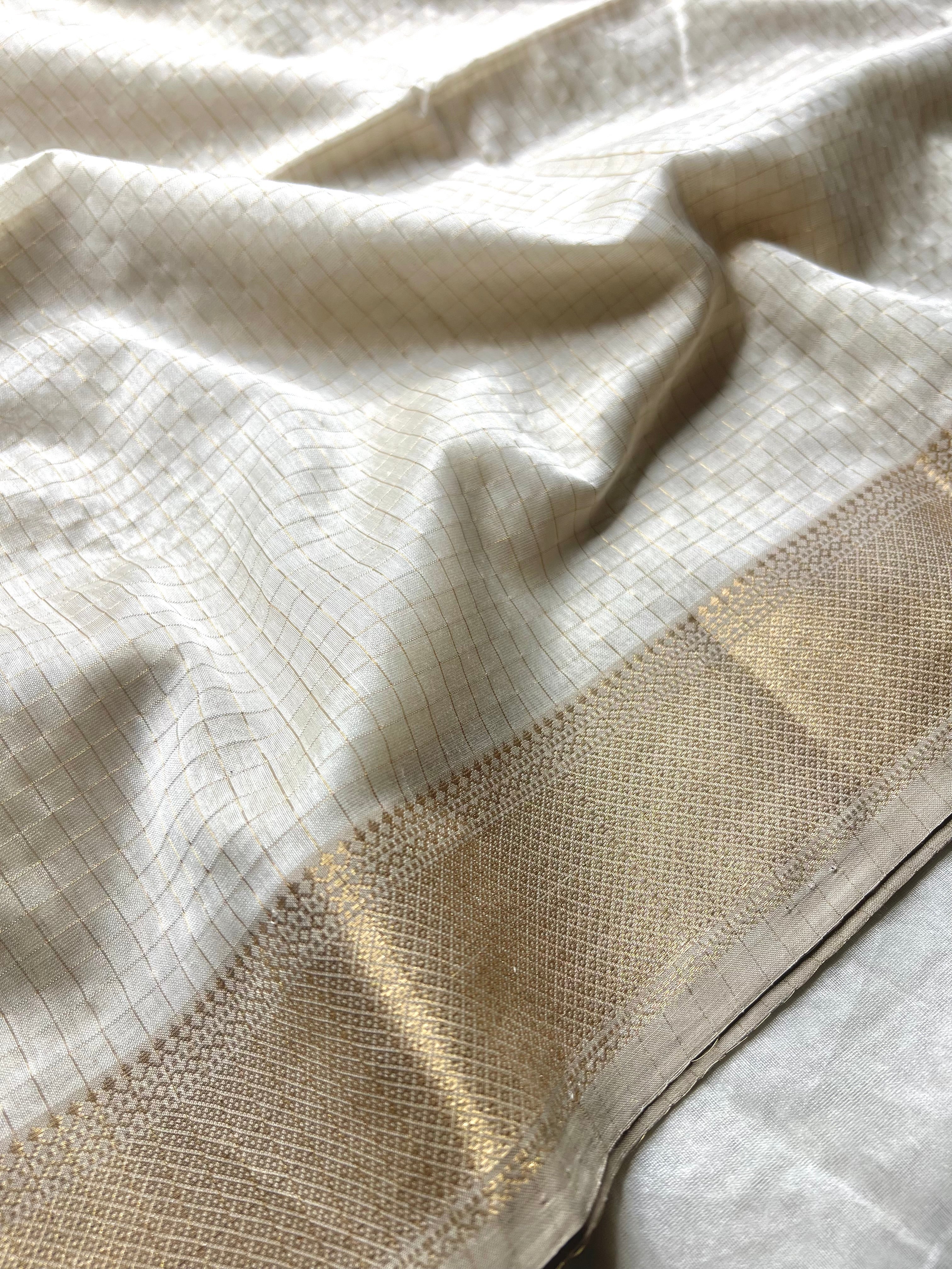 Handwoven Silk Cotton Saree - Soft Cream + Gold