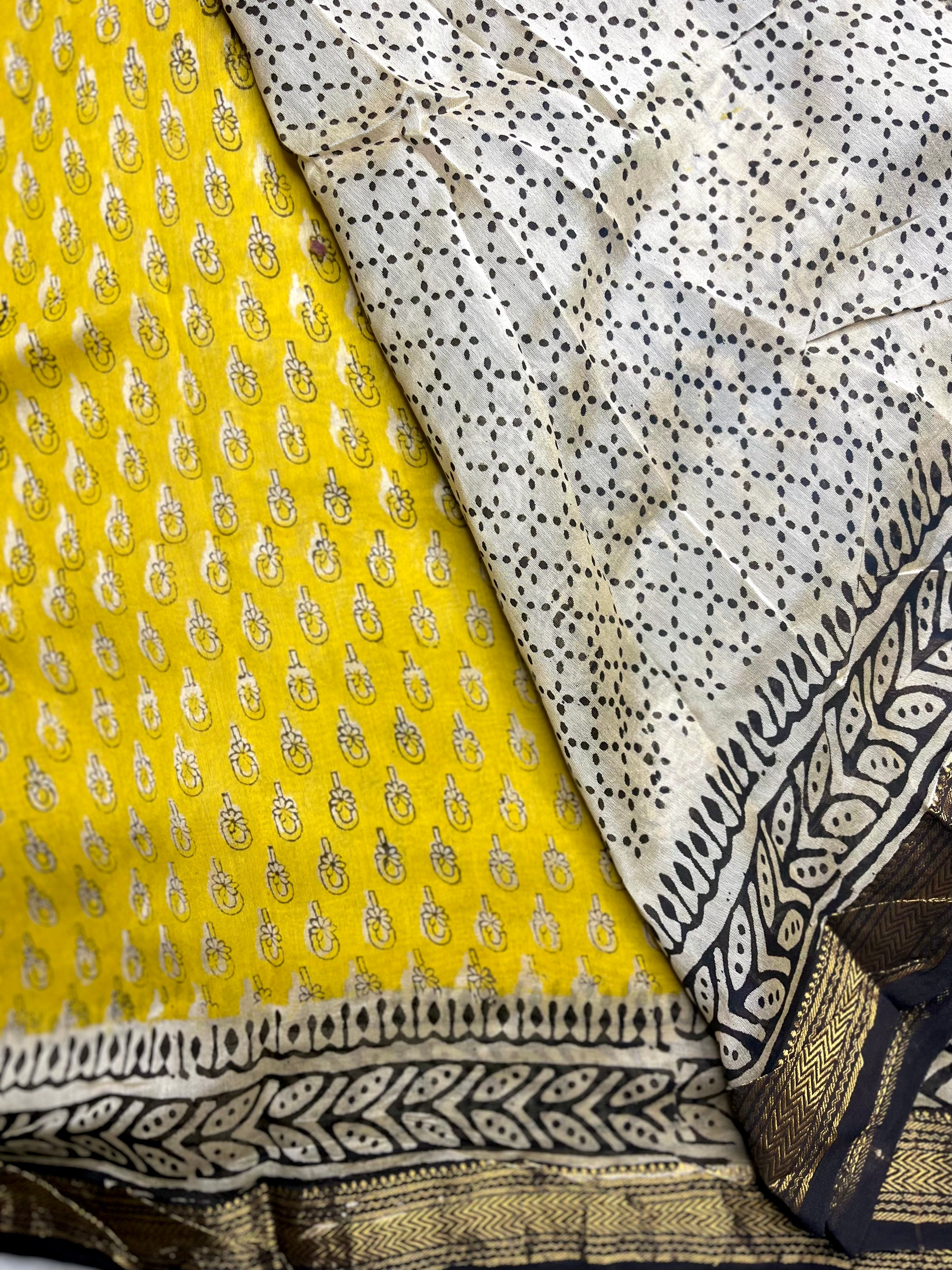 Handblock Printed Silk Cotton Saree - Fuel Yellow + Olive Green