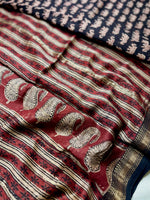 Load image into Gallery viewer, Handblock Printed Silk Cotton Saree - Thunder Black + Rustic red
