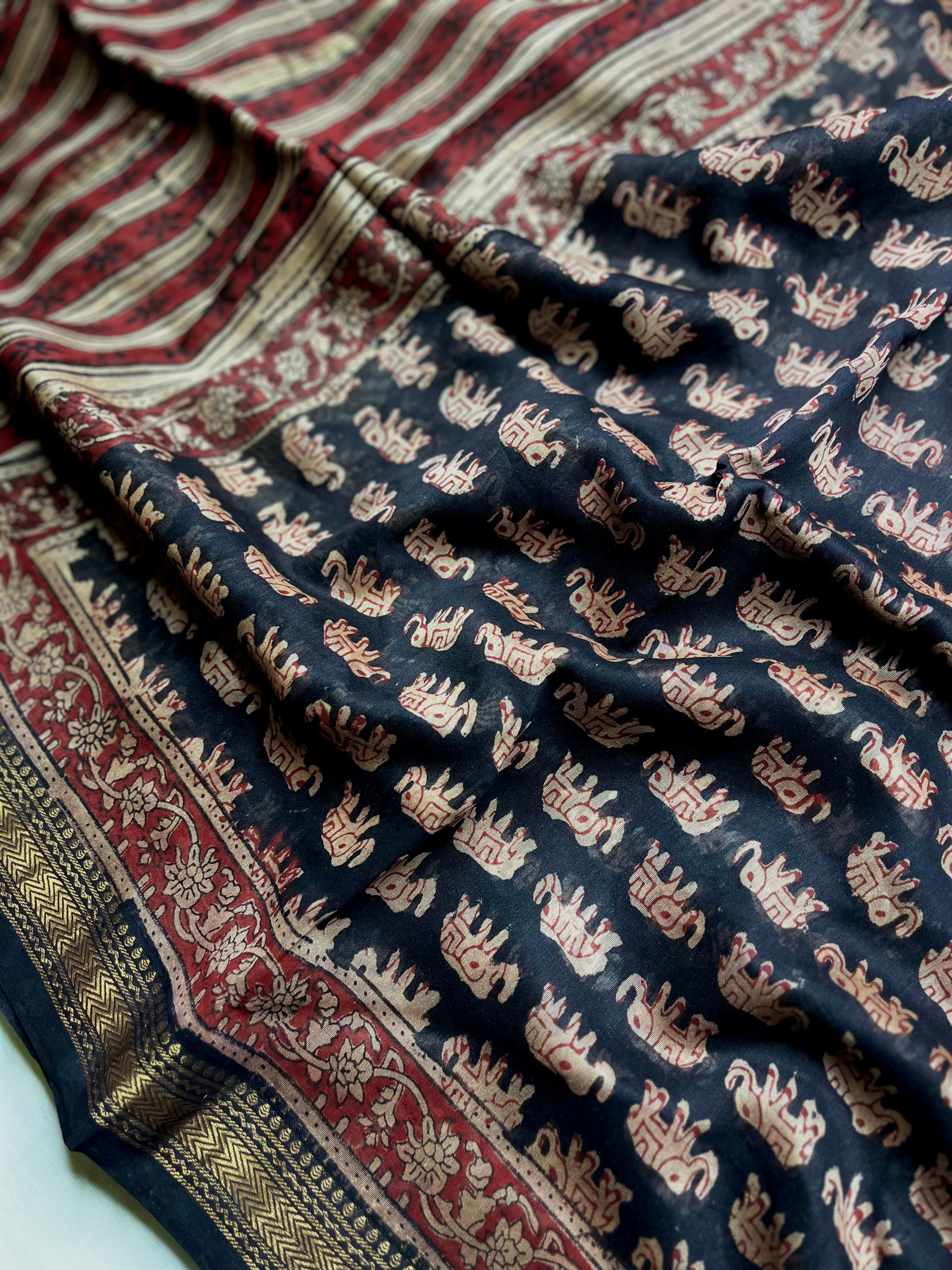 Handblock Printed Silk Cotton Saree - Thunder Black + Rustic red