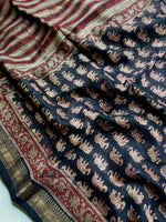 Load image into Gallery viewer, Handblock Printed Silk Cotton Saree - Thunder Black + Rustic red
