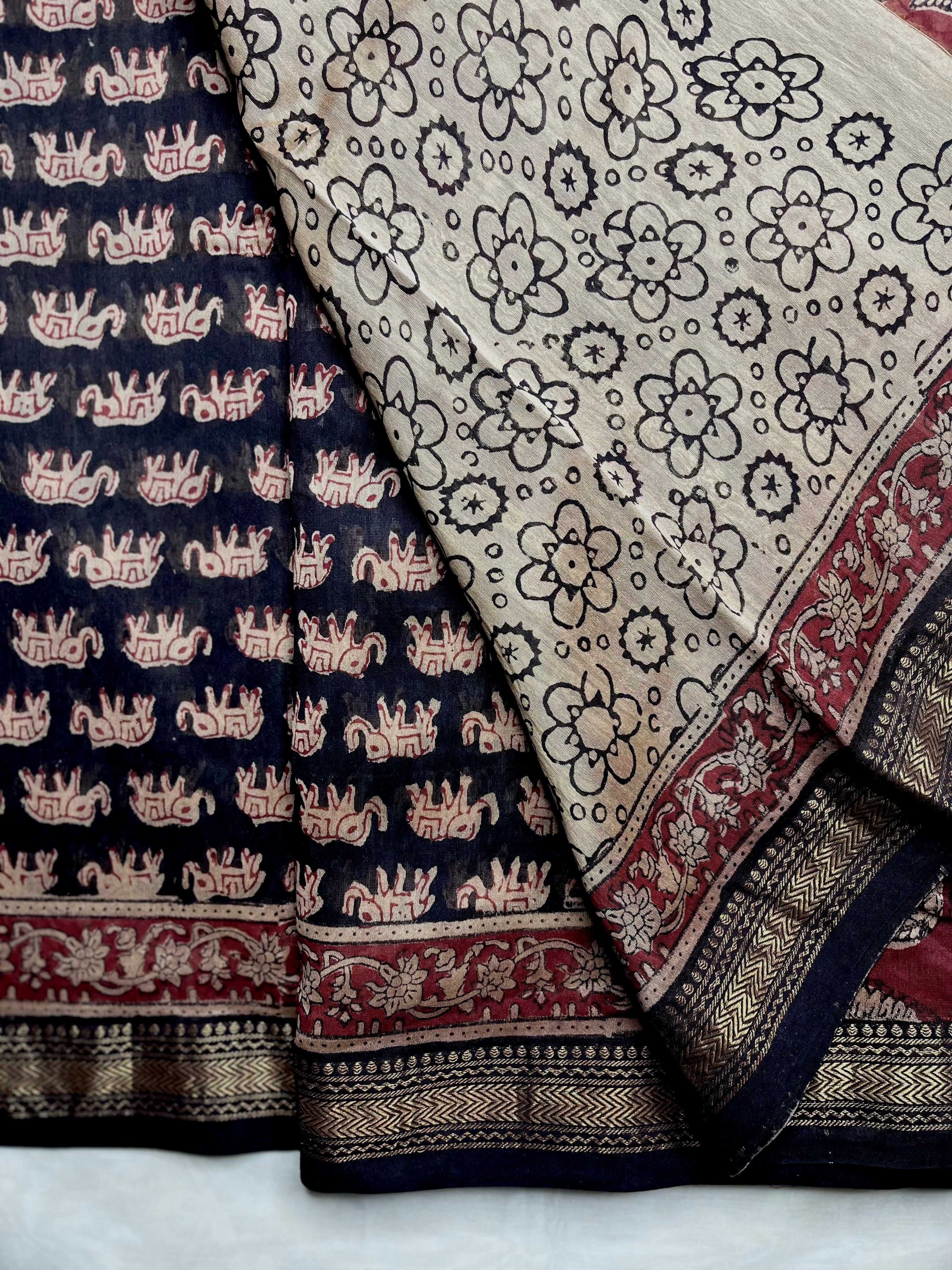 Handblock Printed Silk Cotton Saree - Thunder Black + Rustic red