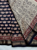 Load image into Gallery viewer, Handblock Printed Silk Cotton Saree - Thunder Black + Rustic red
