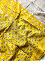 Load image into Gallery viewer, Handblock Printed Silk Cotton Saree - Pearl White + Corn Yellow
