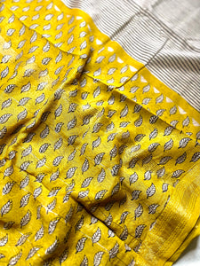 Handblock Printed Silk Cotton Saree - Pearl White + Corn Yellow