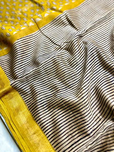 Handblock Printed Silk Cotton Saree - Pearl White + Corn Yellow