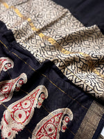 Load image into Gallery viewer, Handblock Printed Silk Cotton Saree - Thunder Black + Pearl White
