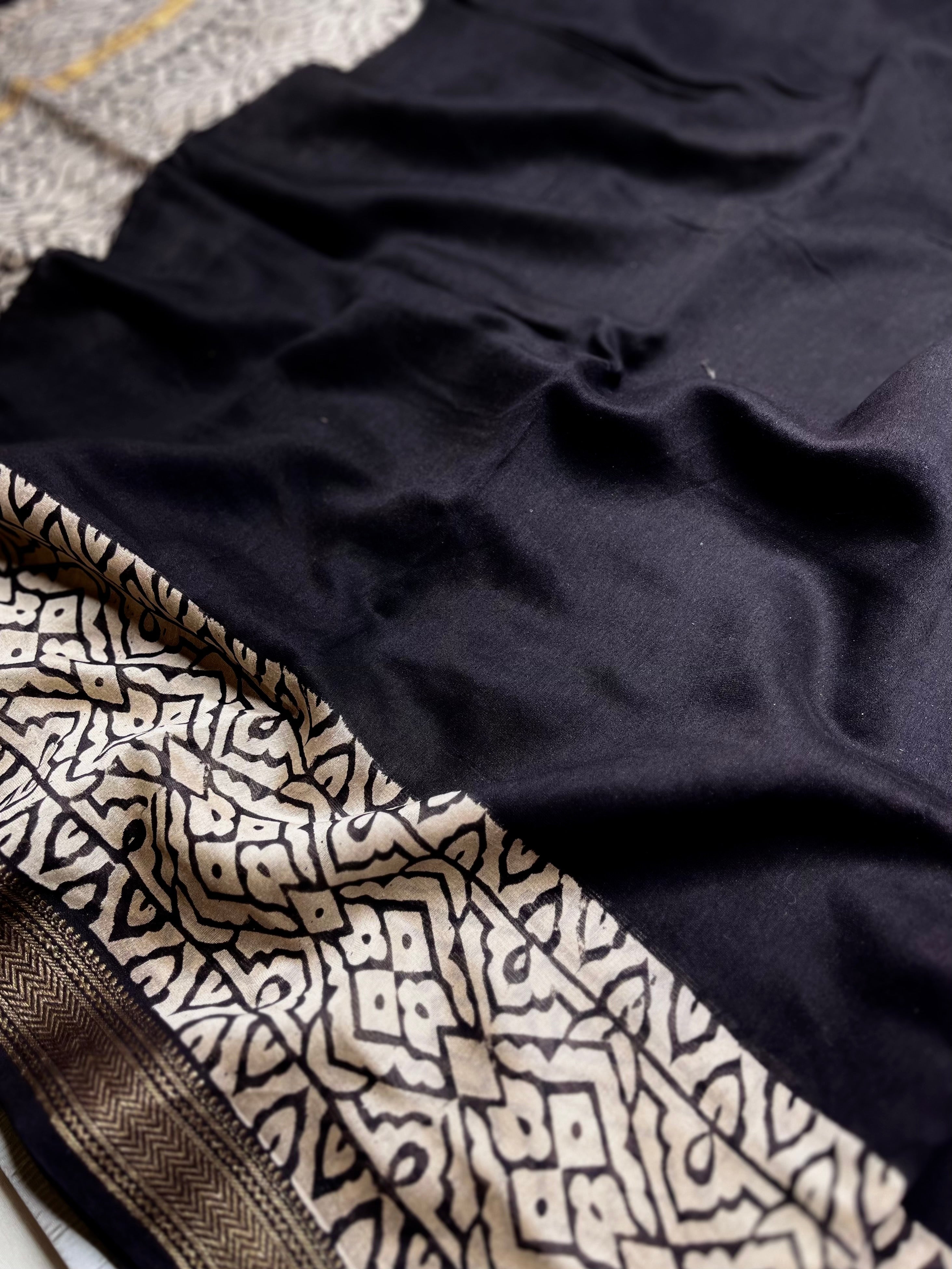 Handblock Printed Silk Cotton Saree - Thunder Black + Pearl White