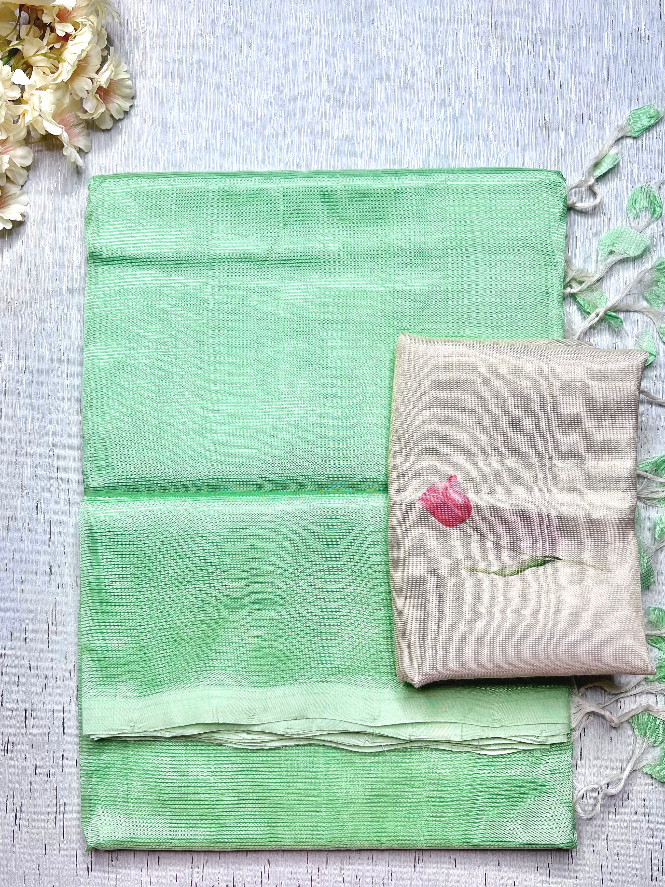 Handwoven silk cotton saree - Mint Green + Silk Cream Tissue