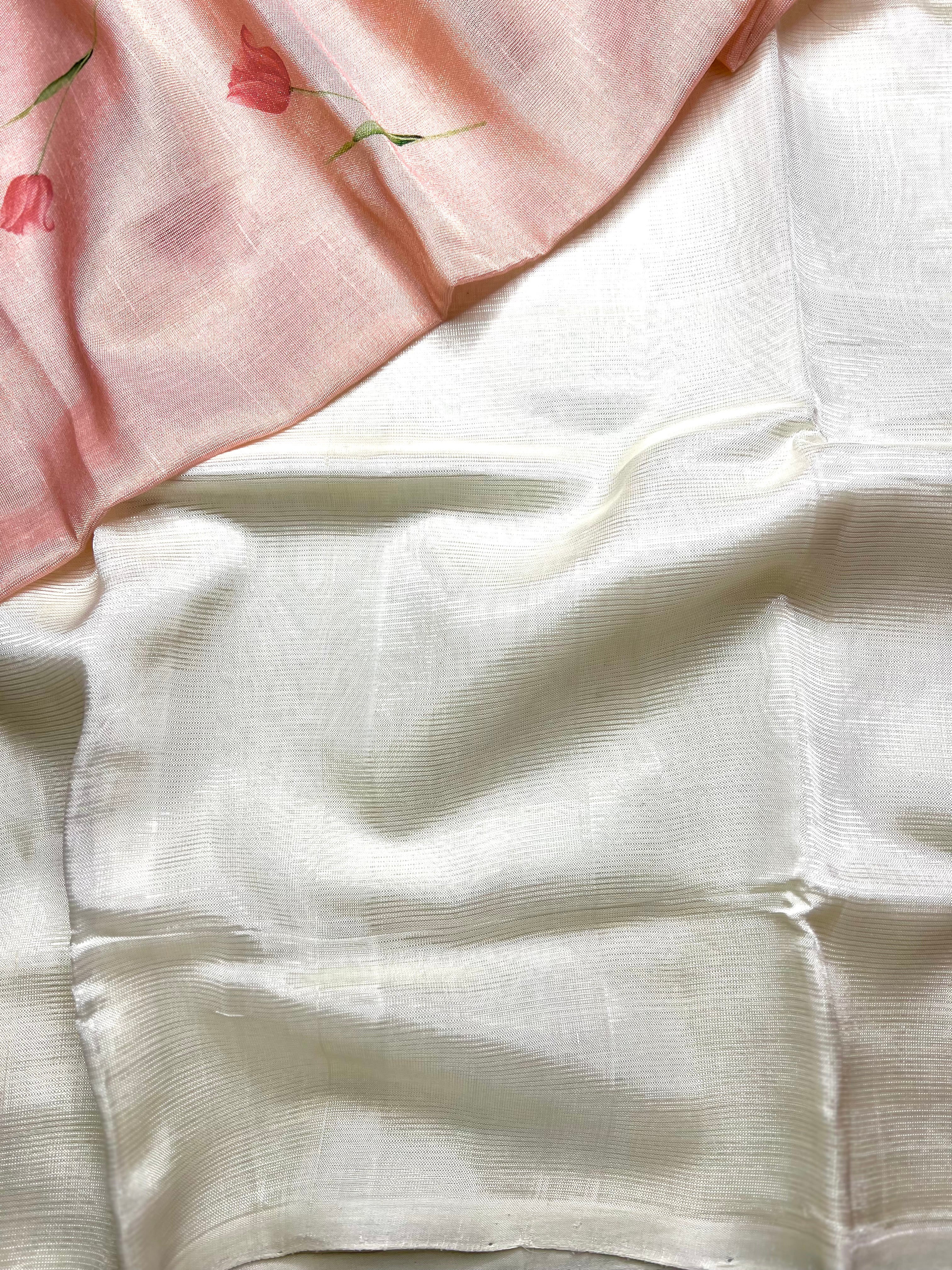 Handwoven silk cotton saree - Ivory + Silk Peach Tissue