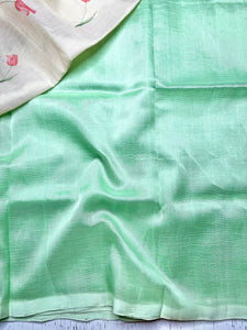 Handwoven silk cotton saree - Mint Green + Silk Cream Tissue