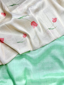 Handwoven silk cotton saree - Mint Green + Silk Cream Tissue