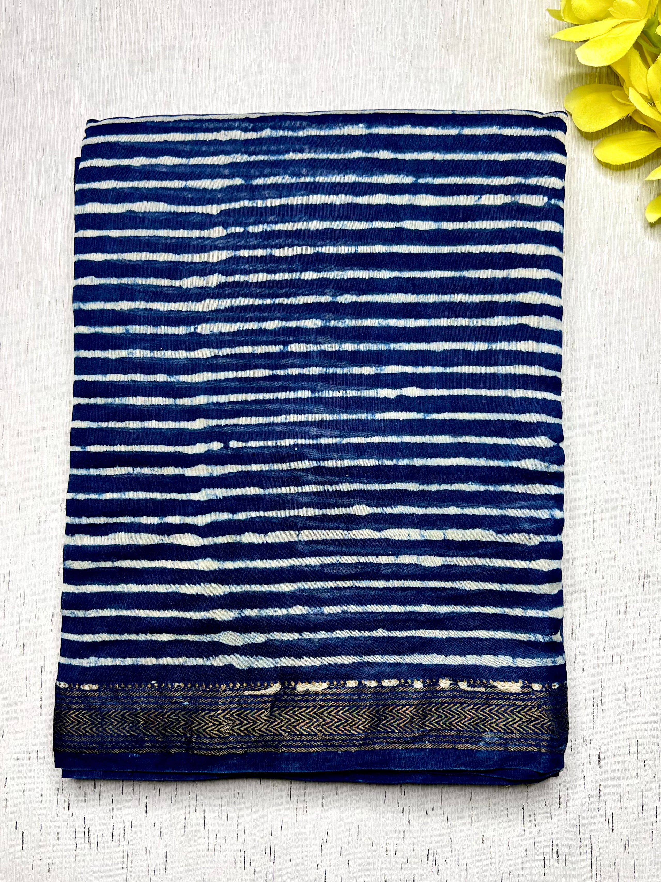 Handblock Printed Silk Cotton Saree - Regal Blue + White