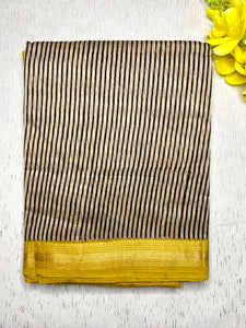 Handblock Printed Silk Cotton Saree - Pearl White + Corn Yellow