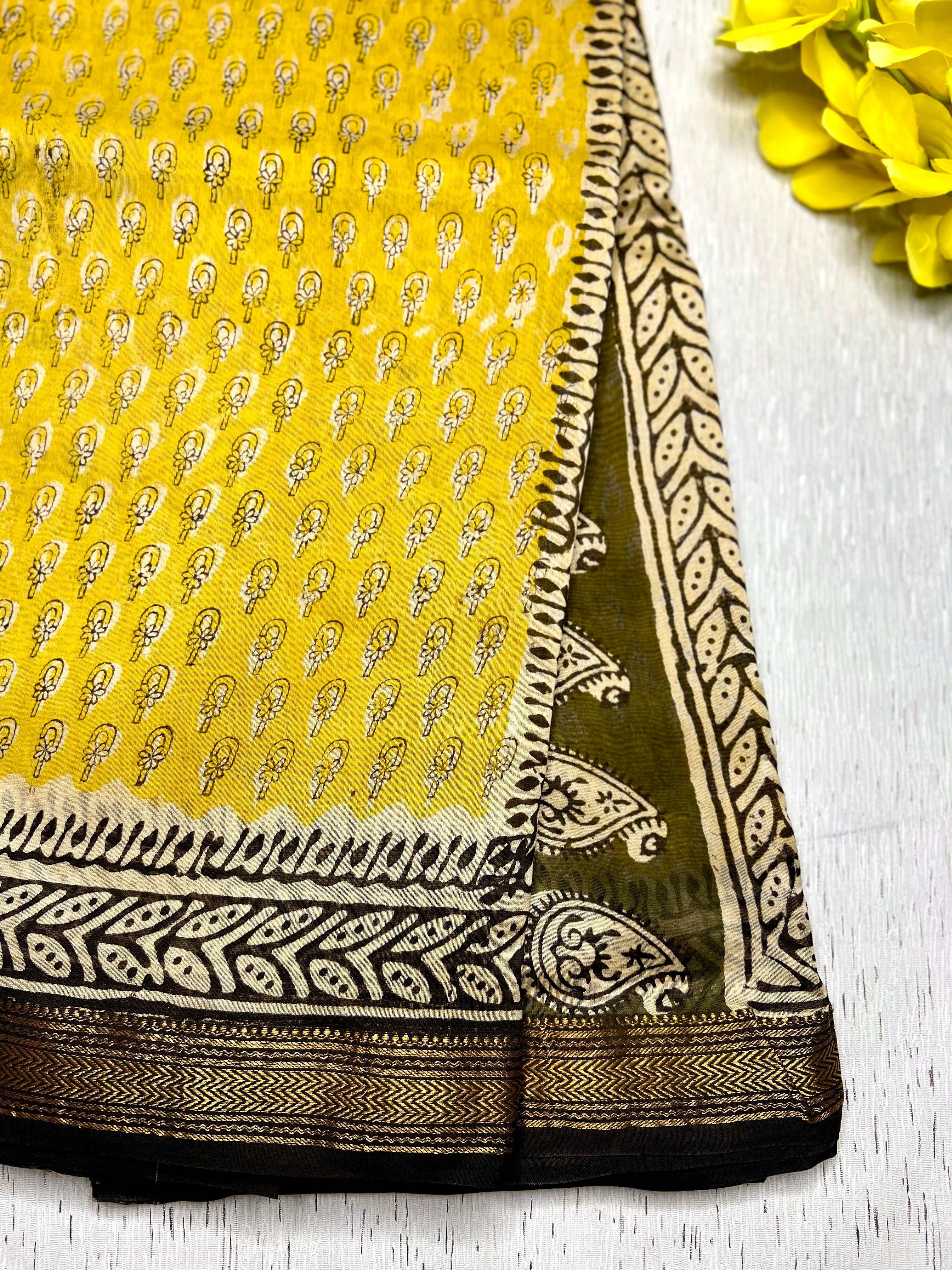 Handblock Printed Silk Cotton Saree - Fuel Yellow + Olive Green