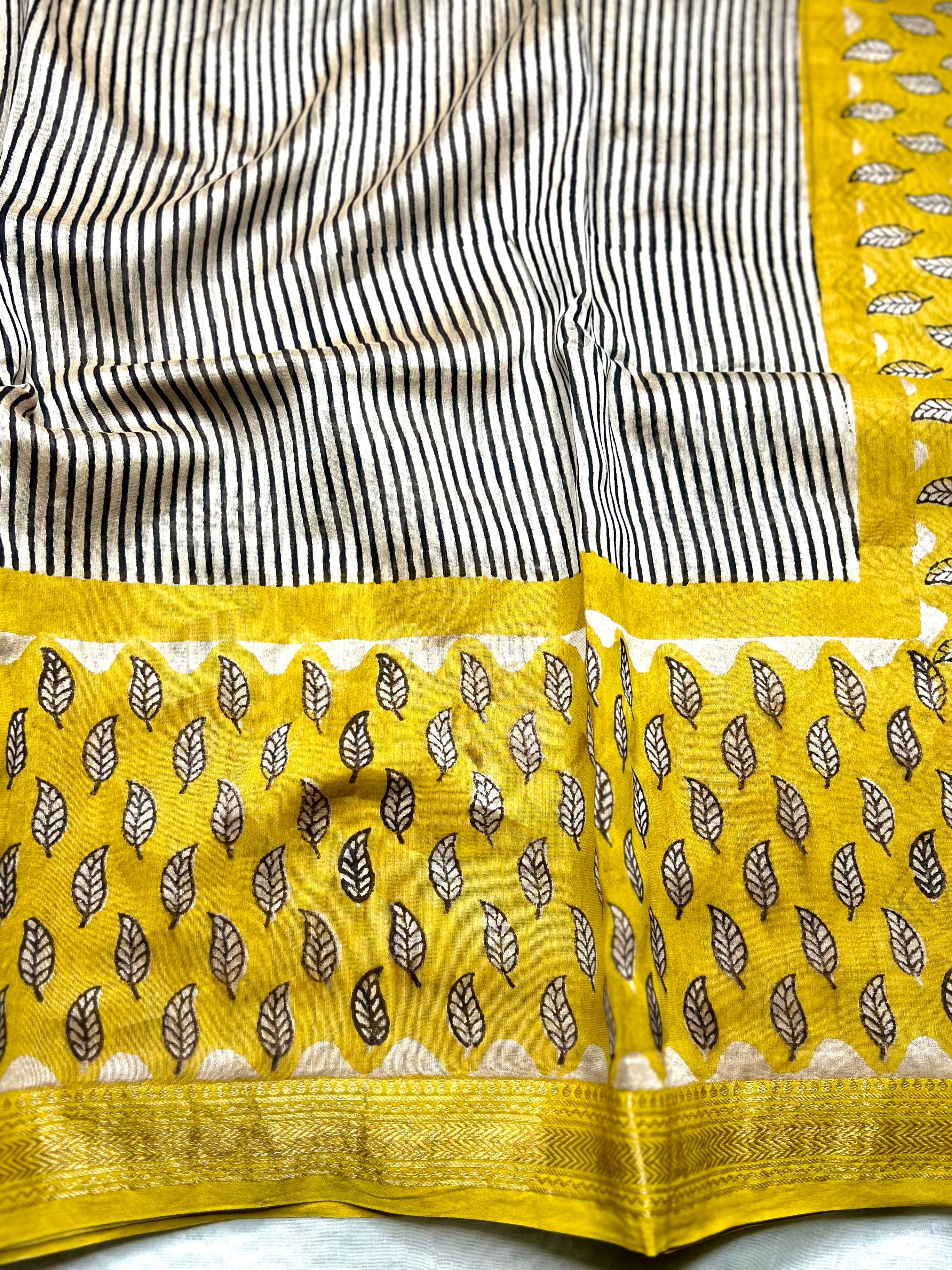 Handblock Printed Silk Cotton Saree - Pearl White + Corn Yellow