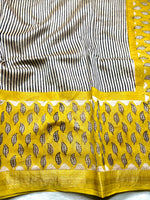 Load image into Gallery viewer, Handblock Printed Silk Cotton Saree - Pearl White + Corn Yellow
