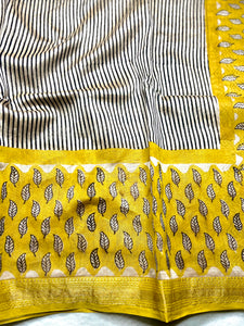 Handblock Printed Silk Cotton Saree - Pearl White + Corn Yellow