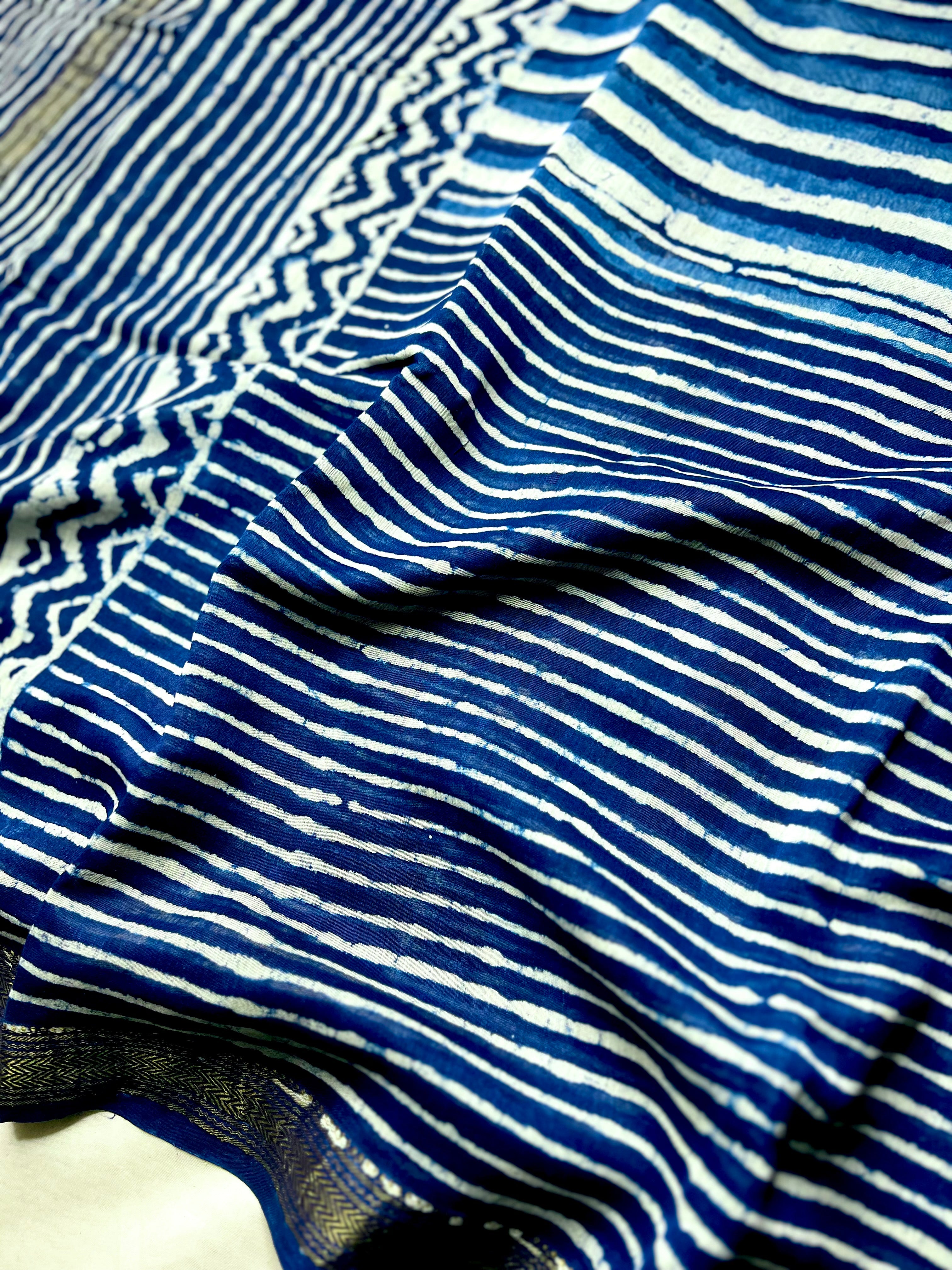 Handblock Printed Silk Cotton Saree - Regal Blue + White