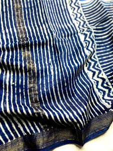 Handblock Printed Silk Cotton Saree - Regal Blue + White