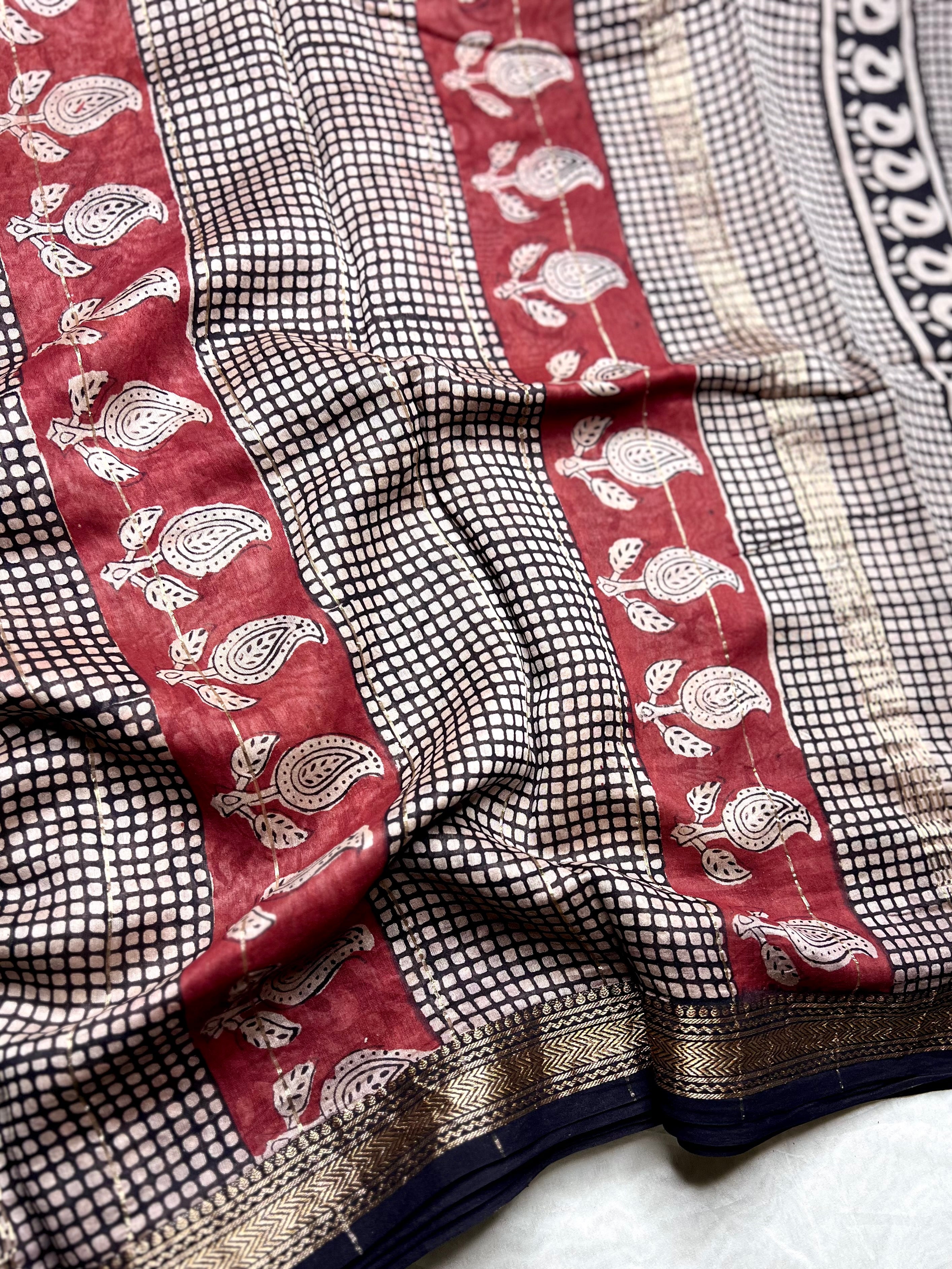 Handblock Printed Silk Cotton Saree - Cloud White + Brick Red