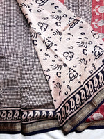 Load image into Gallery viewer, Handblock Printed Silk Cotton Saree - Cloud White + Brick Red
