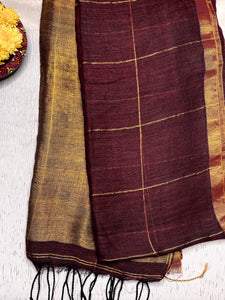 Handwoven Linen Saree - Cocoa Brown + Golden Zari