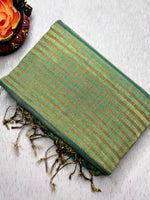 Load image into Gallery viewer, Handwoven Metallic Linen Tissue Saree - Green Gold
