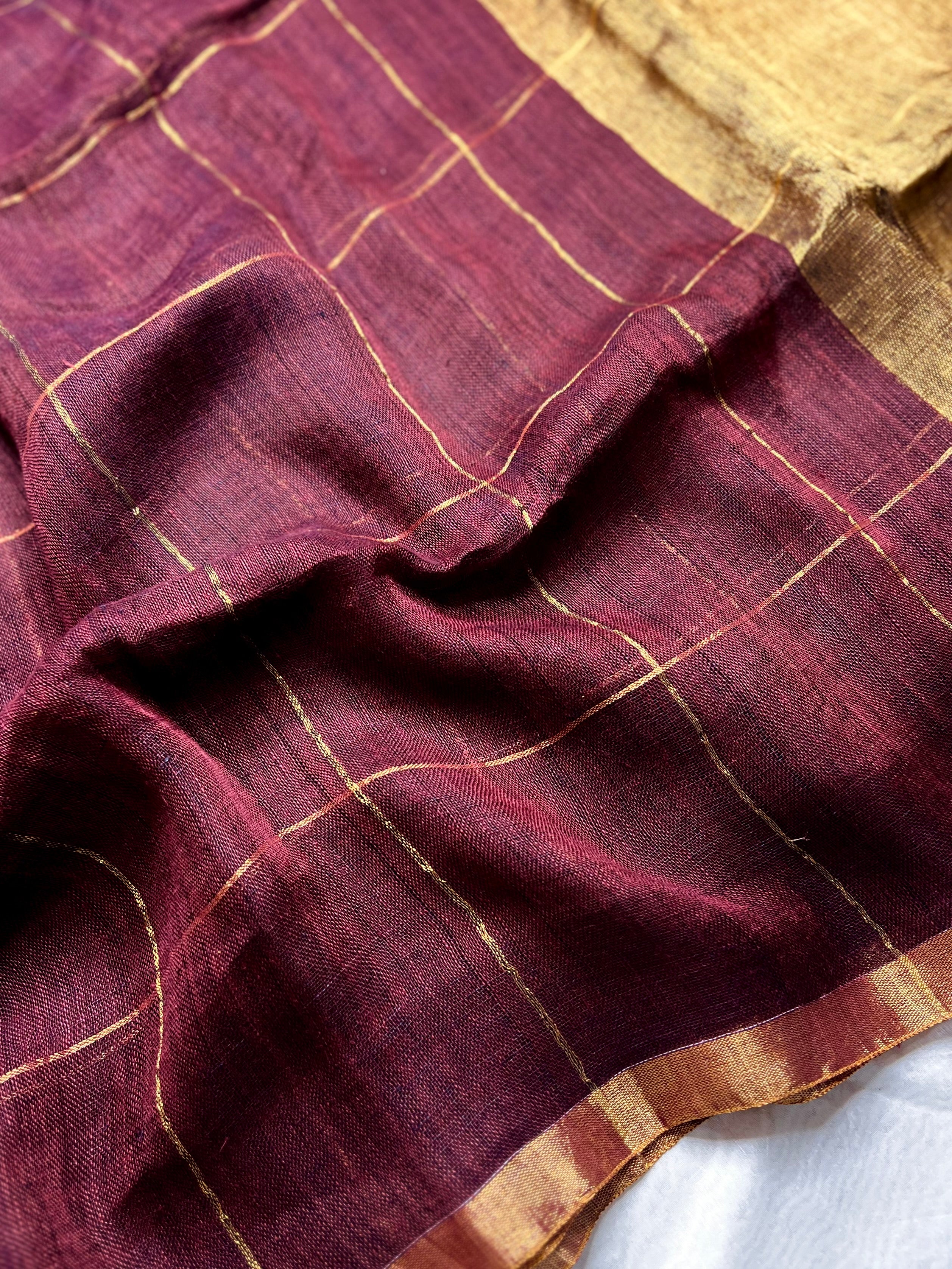 Handwoven Linen Saree - Cocoa Brown + Golden Zari