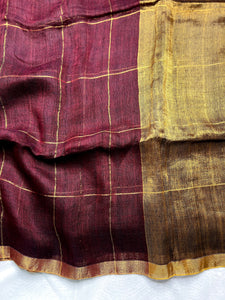 Handwoven Linen Saree - Cocoa Brown + Golden Zari