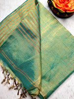 Load image into Gallery viewer, Handwoven Metallic Linen Tissue Saree - Green Gold
