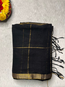 Handwoven Linen Saree - Black + Golden Zari