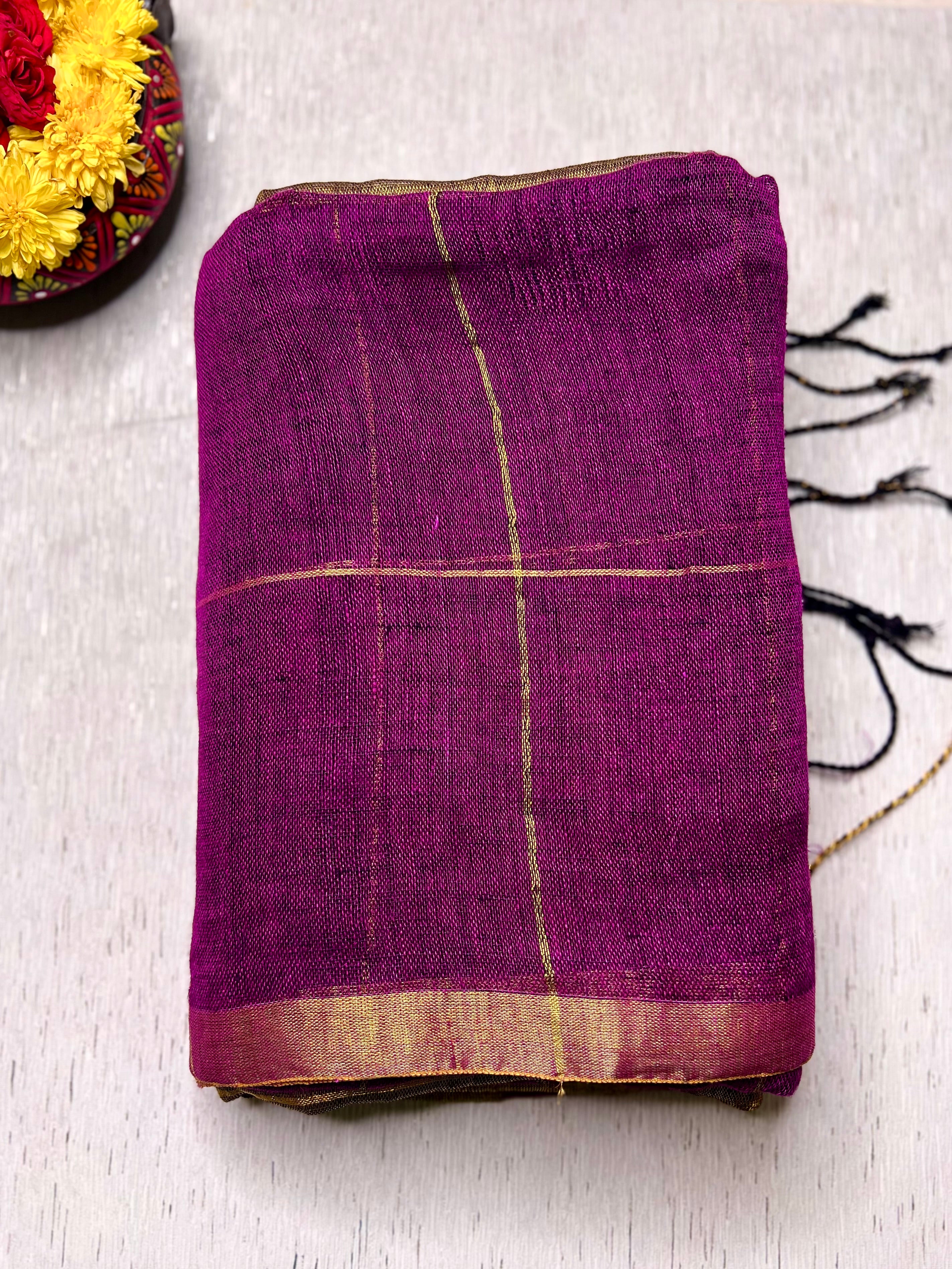 Handwoven Linen Saree - Cosmic Violet + Golden Zari