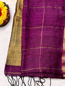 Handwoven Linen Saree - Cosmic Violet + Golden Zari