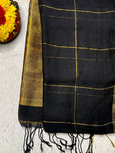 Handwoven Linen Saree - Black + Golden Zari