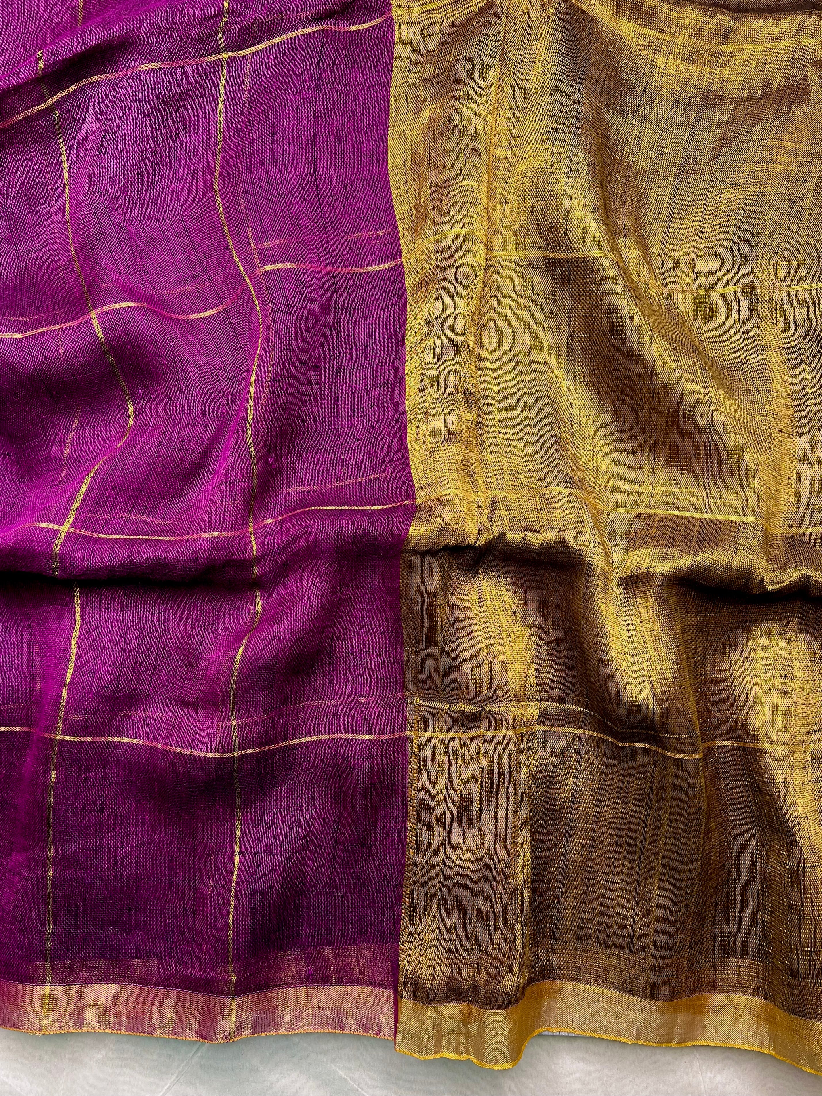 Handwoven Linen Saree - Cosmic Violet + Golden Zari