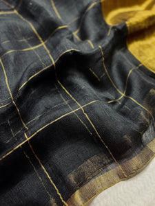 Handwoven Linen Saree - Black + Golden Zari