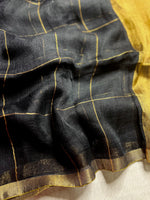 Load image into Gallery viewer, Handwoven Linen Saree - Black + Golden Zari
