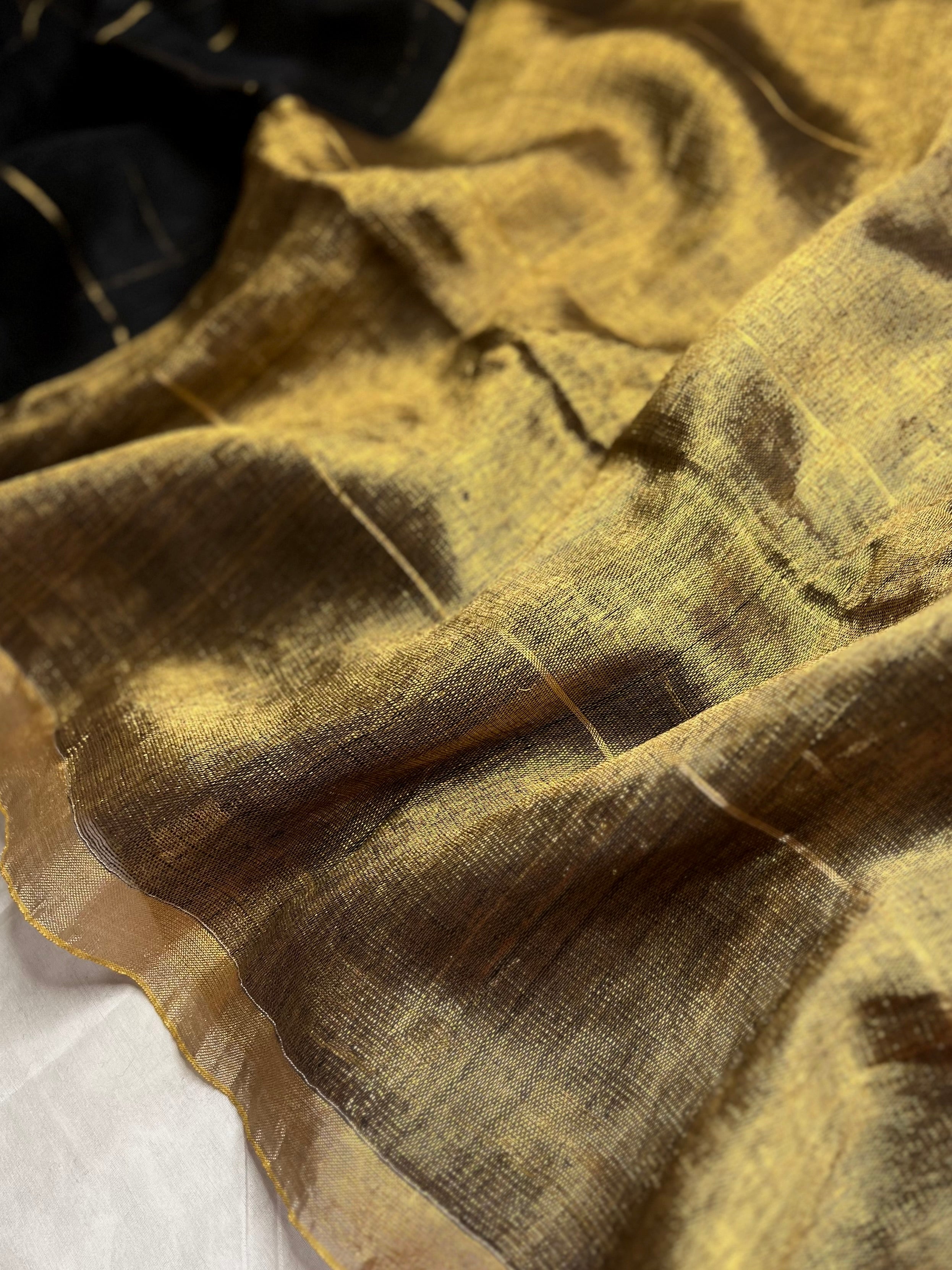 Handwoven Linen Saree - Black + Golden Zari