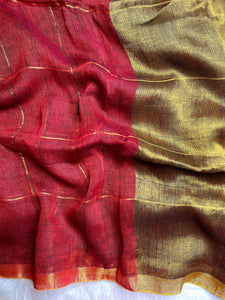 Handwoven Linen Saree - Mexican Red + Golden Zari